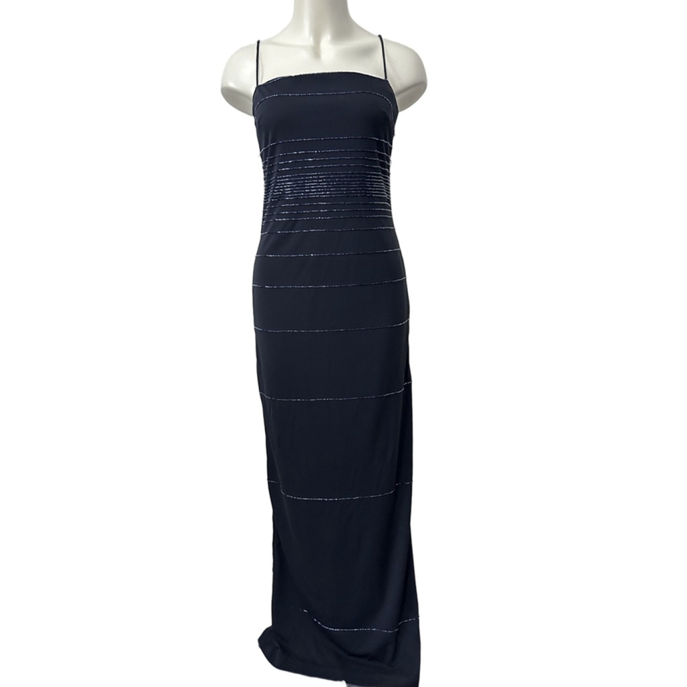 DE-LARU Black Silver Beaded Spaghetti Strap Maxi Dress Y2K Vintage 9/10